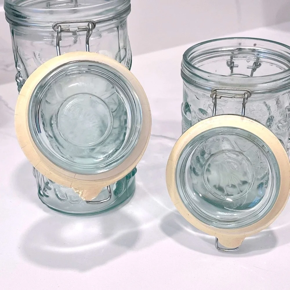 Vintage Embossed Fuit Pattern Glass Canister Set with Wire Bale Hinges, Set of 2